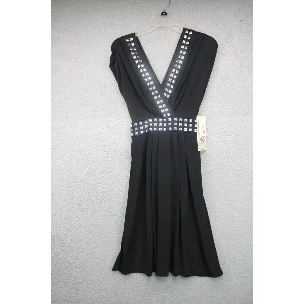 Roulette Black Studded V-Neck Dress-Size Medium-Cap Sleeves-New w/Tags